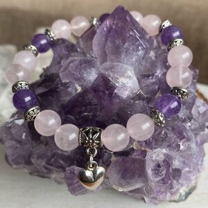 2/$40 - Rose Quartz & Amethyst Gemstone Stretchy Bracelet with Heart Charm - 8mm